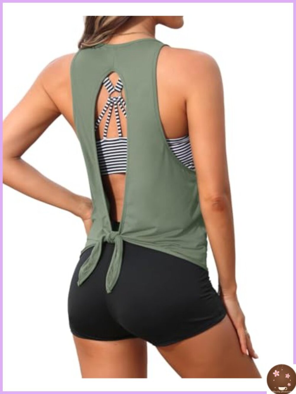 3 Piece Tankini Set with Open Tie Back, Cross Back Swim Bra, Removable Pads,